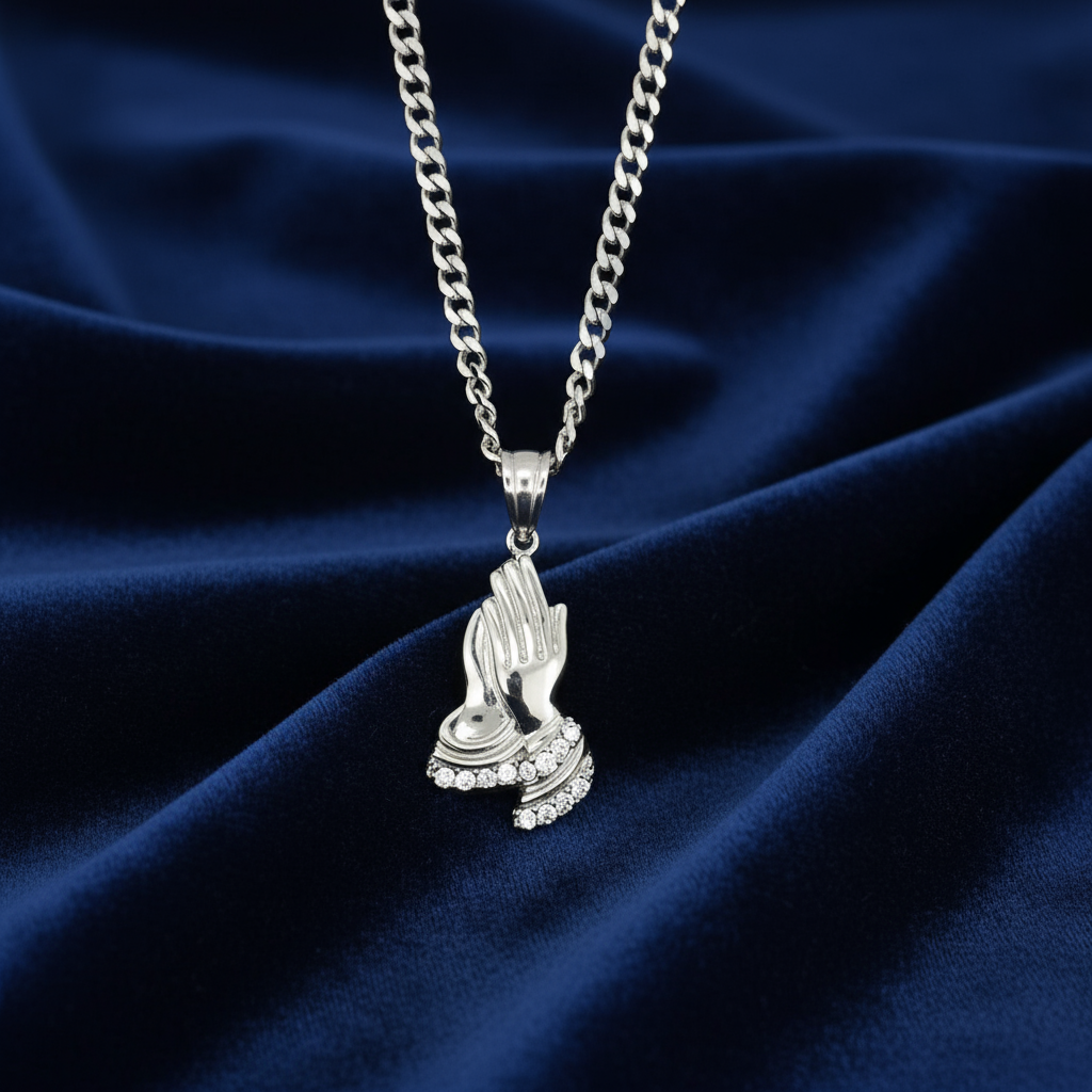 Stainless Steel Praying Hand Pendent and Chain Combo 24" at Flawless Jewelry