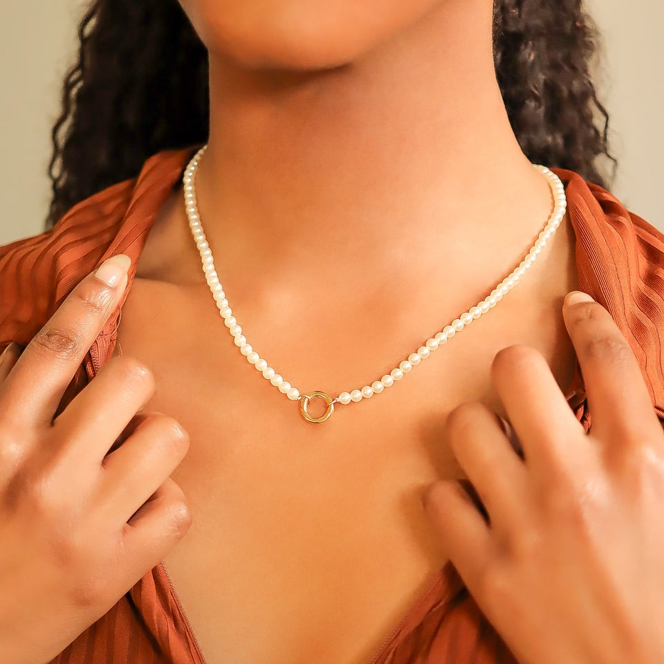 18" Glass Pearl Necklace with Stainless Steel Charm Keeper