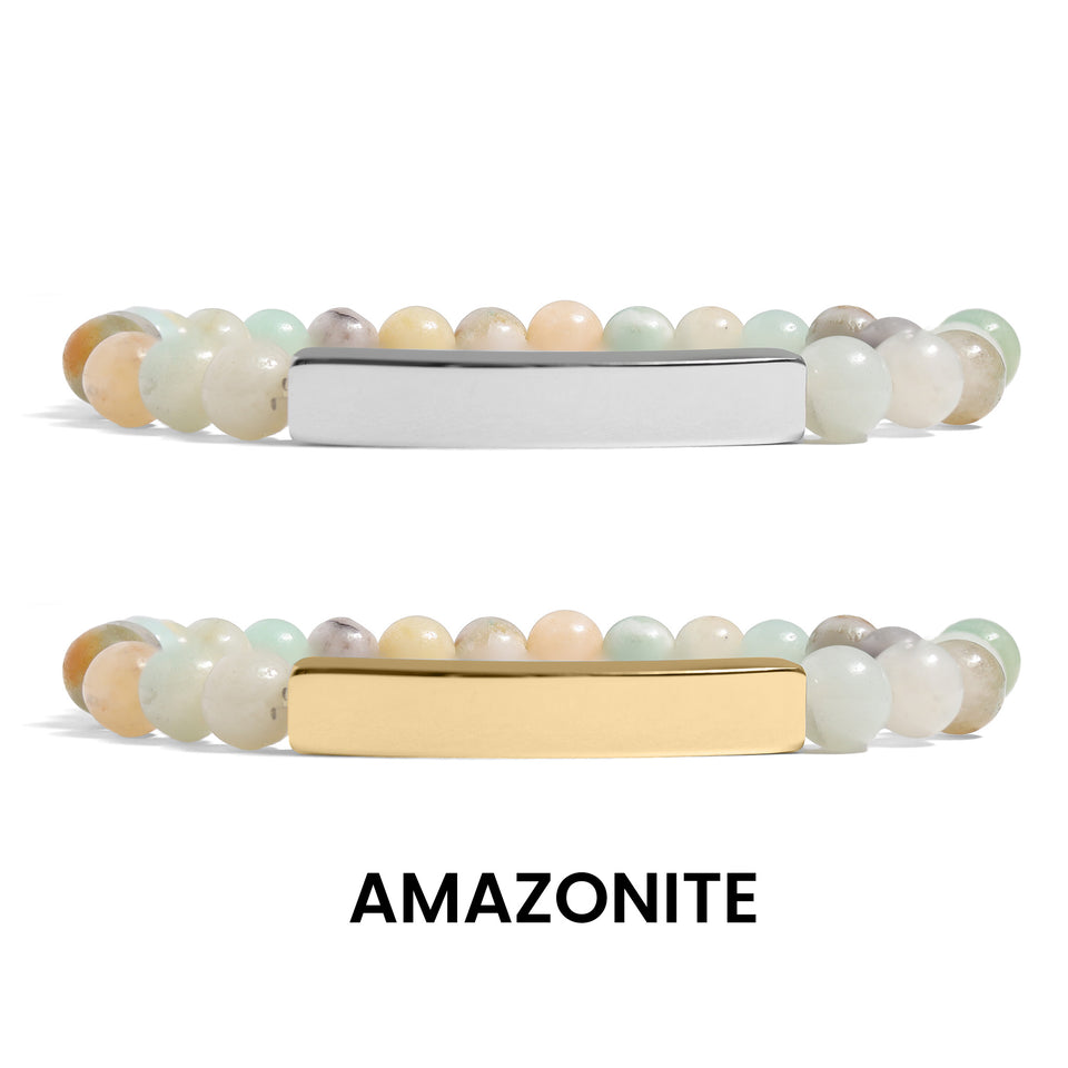 18K Gold PVD Stainless Steel Semi Precious Natural Stone Stretch Curved Bar Bracelet. (Engraved)