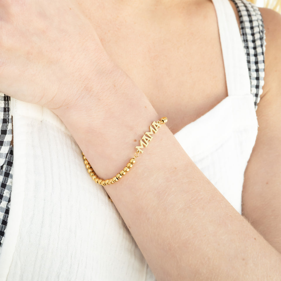 18K Gold PVD Stainless Steel Mama Beaded Bracelet