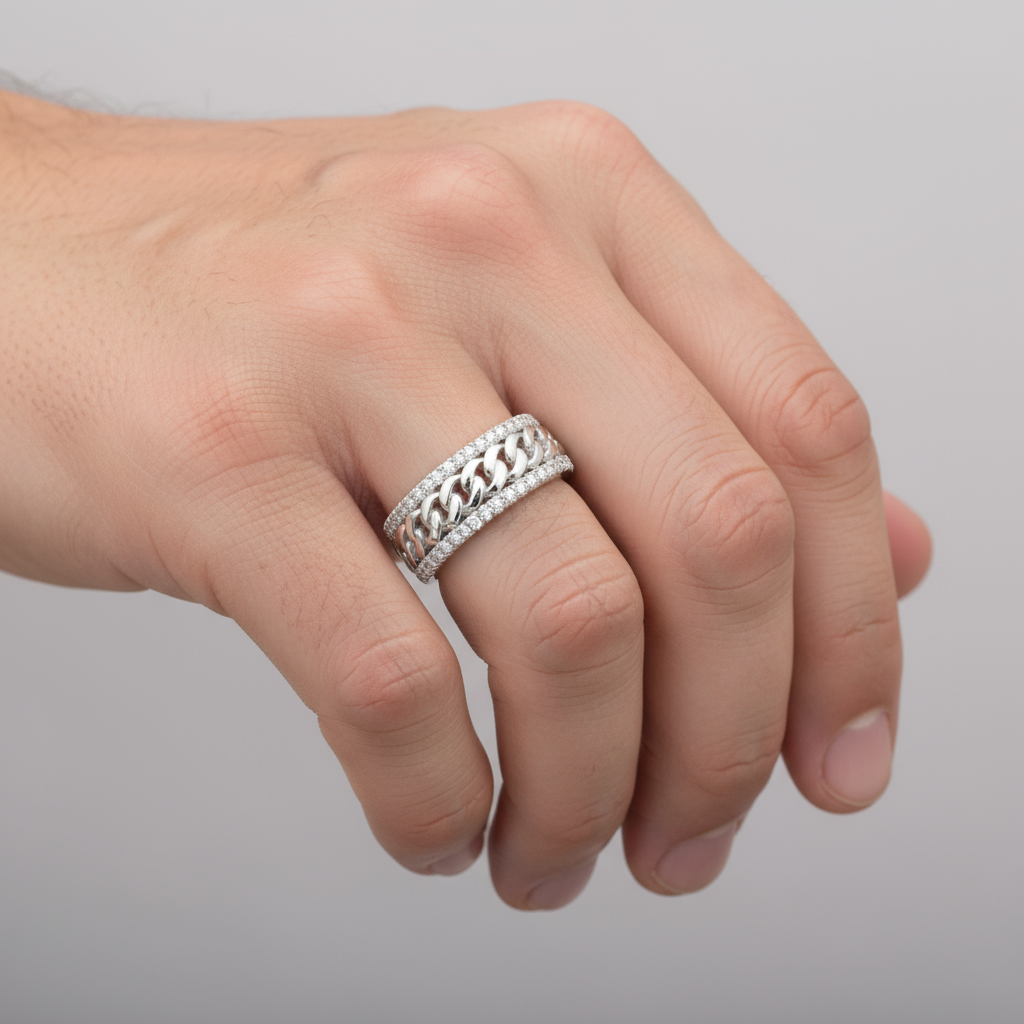 925 Silver Moissanite Cuban Link Band Ring