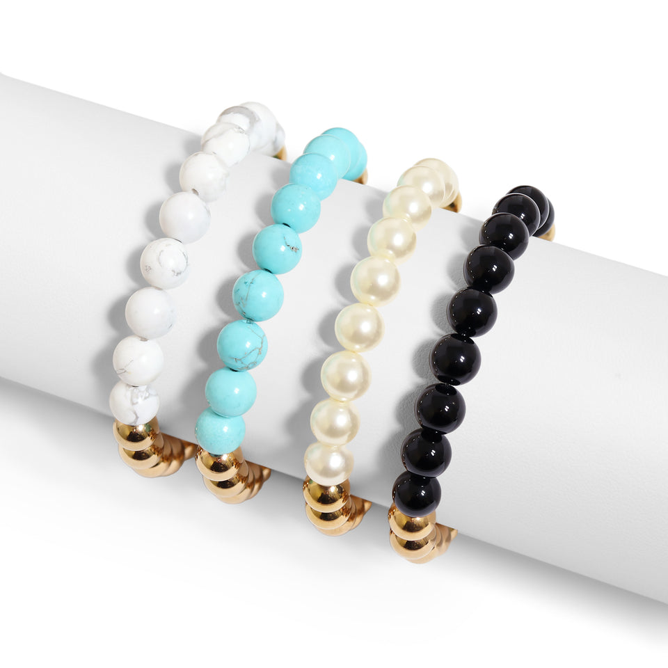18K Gold PVD Stainless Steel Semi Precious Beaded Stretch Bracelets