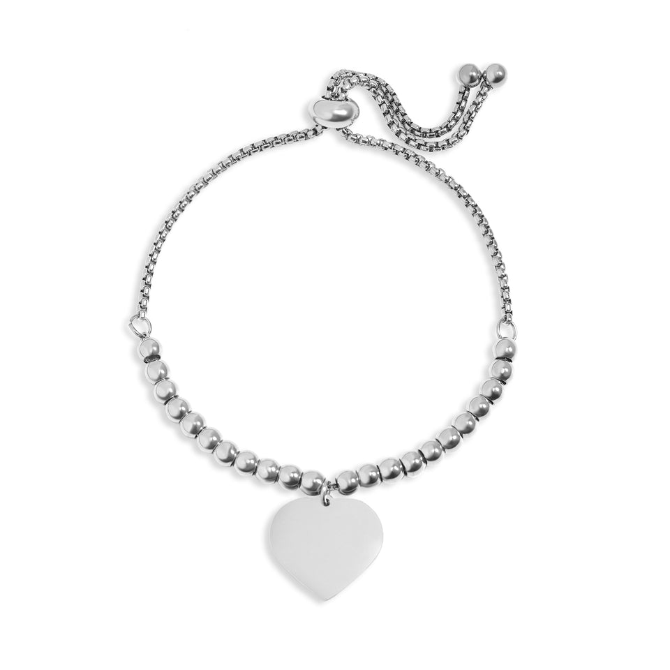 18K Gold PVD Stainless Steel Adjustable Engravable Heart Beaded Bracelet(ENGRAVED)