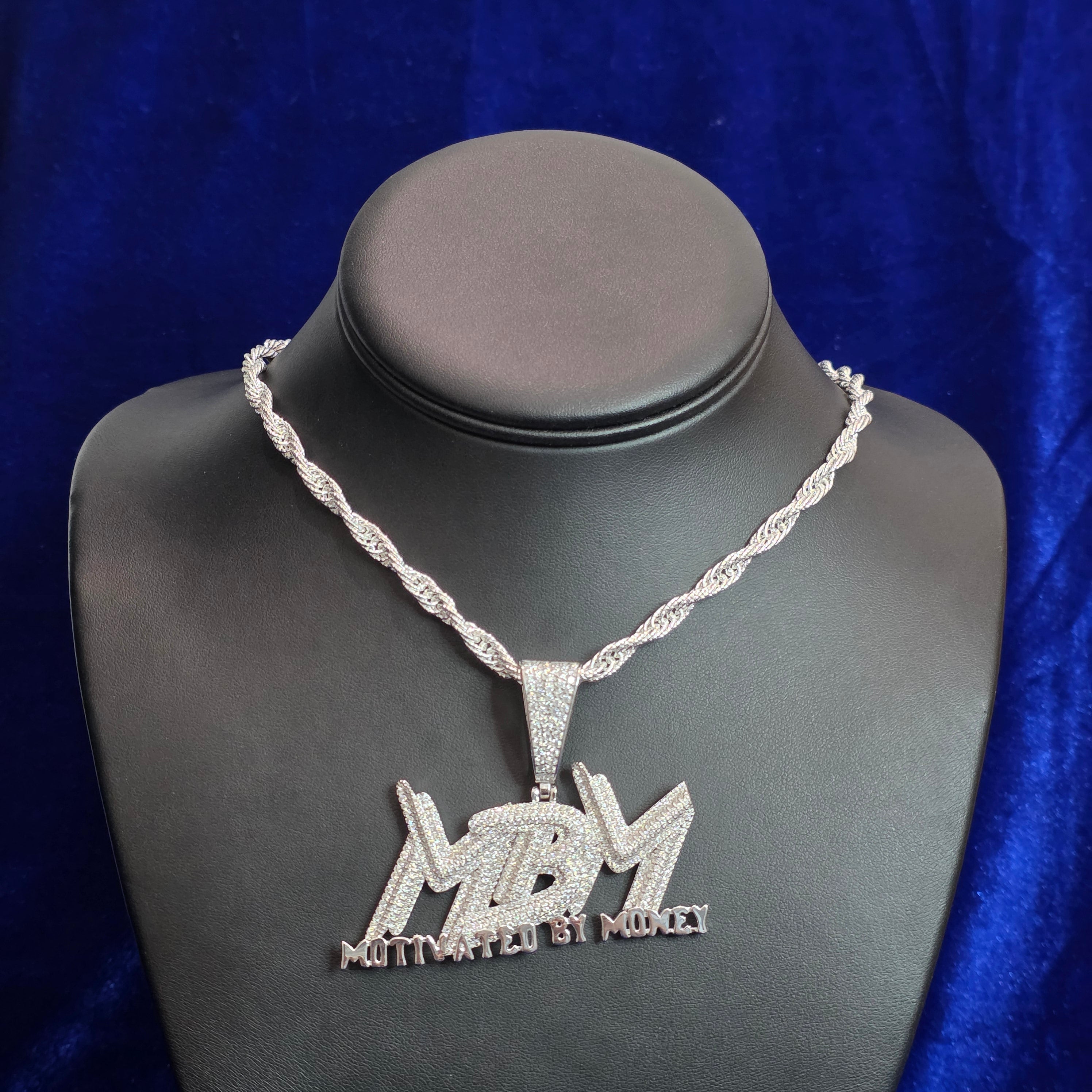 Silver Moissanite MBM (motivated by money) Pendant with Chain Combo