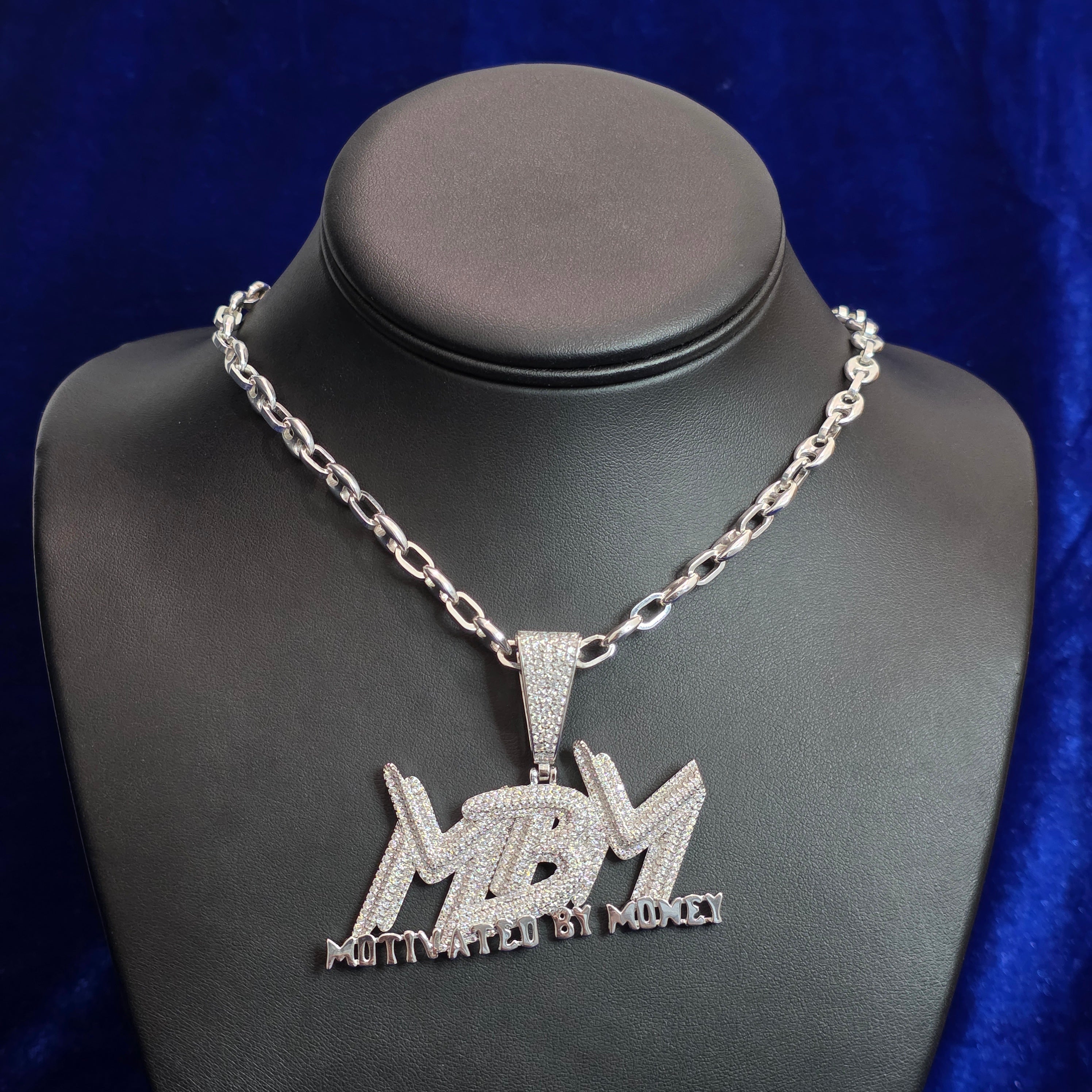 Silver Moissanite MBM (motivated by money) Pendant with Chain Combo