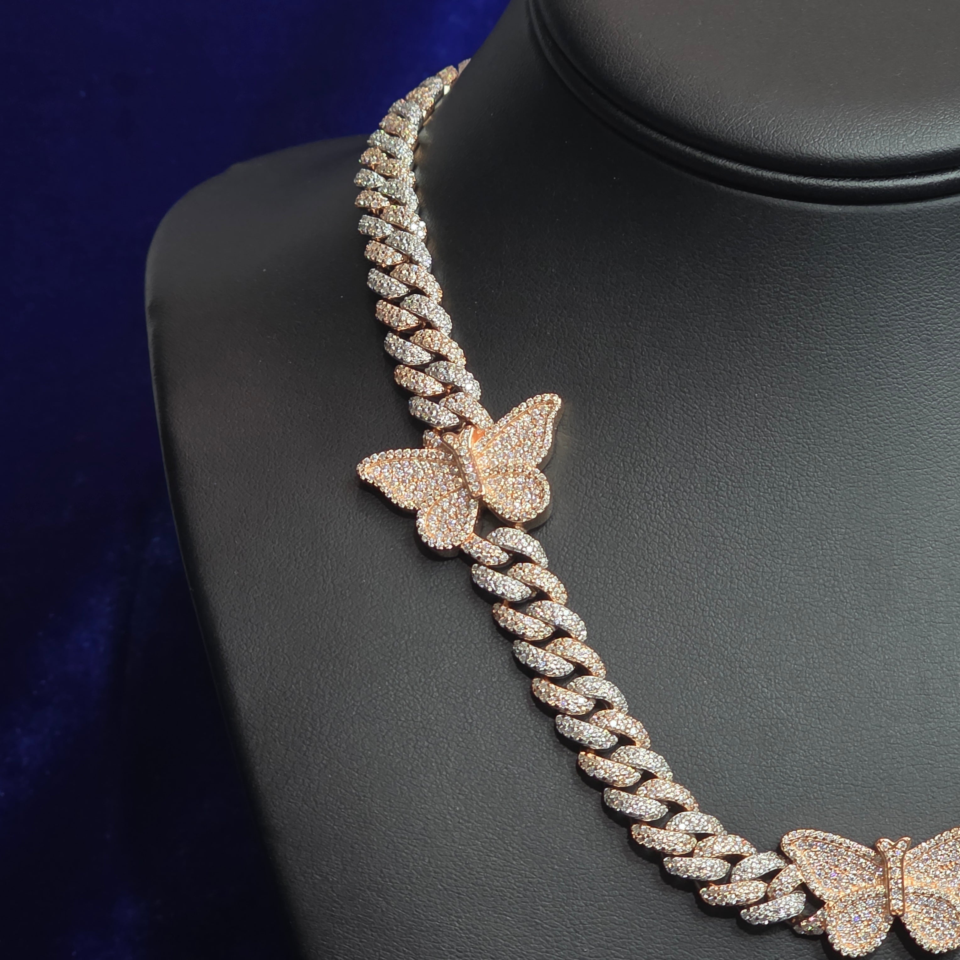 Silver Moissanite Two Tone Butterfly Cuban Necklace at Flawless Jewelry