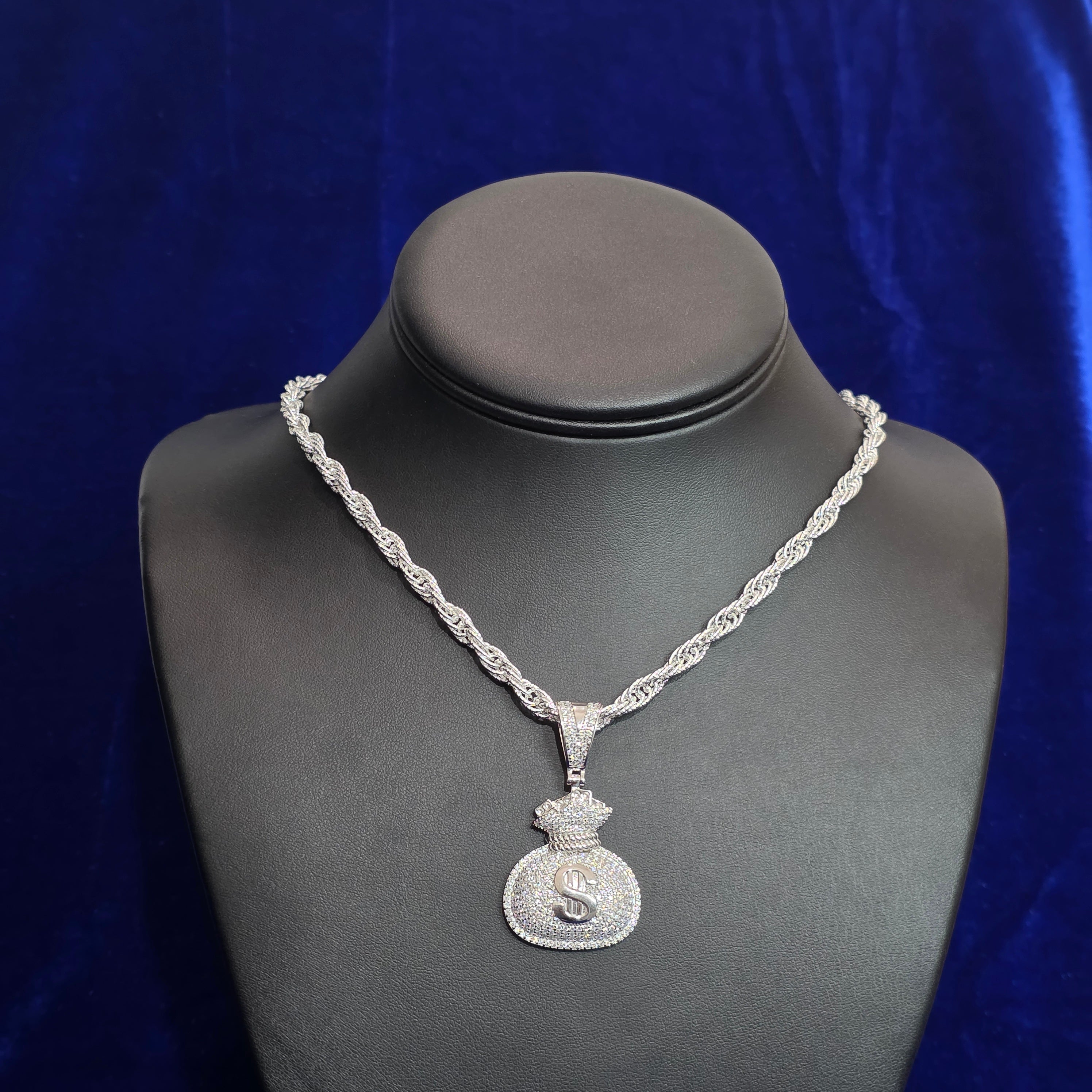 Silver Moissanite Money Bag Pendant with Chain Combo