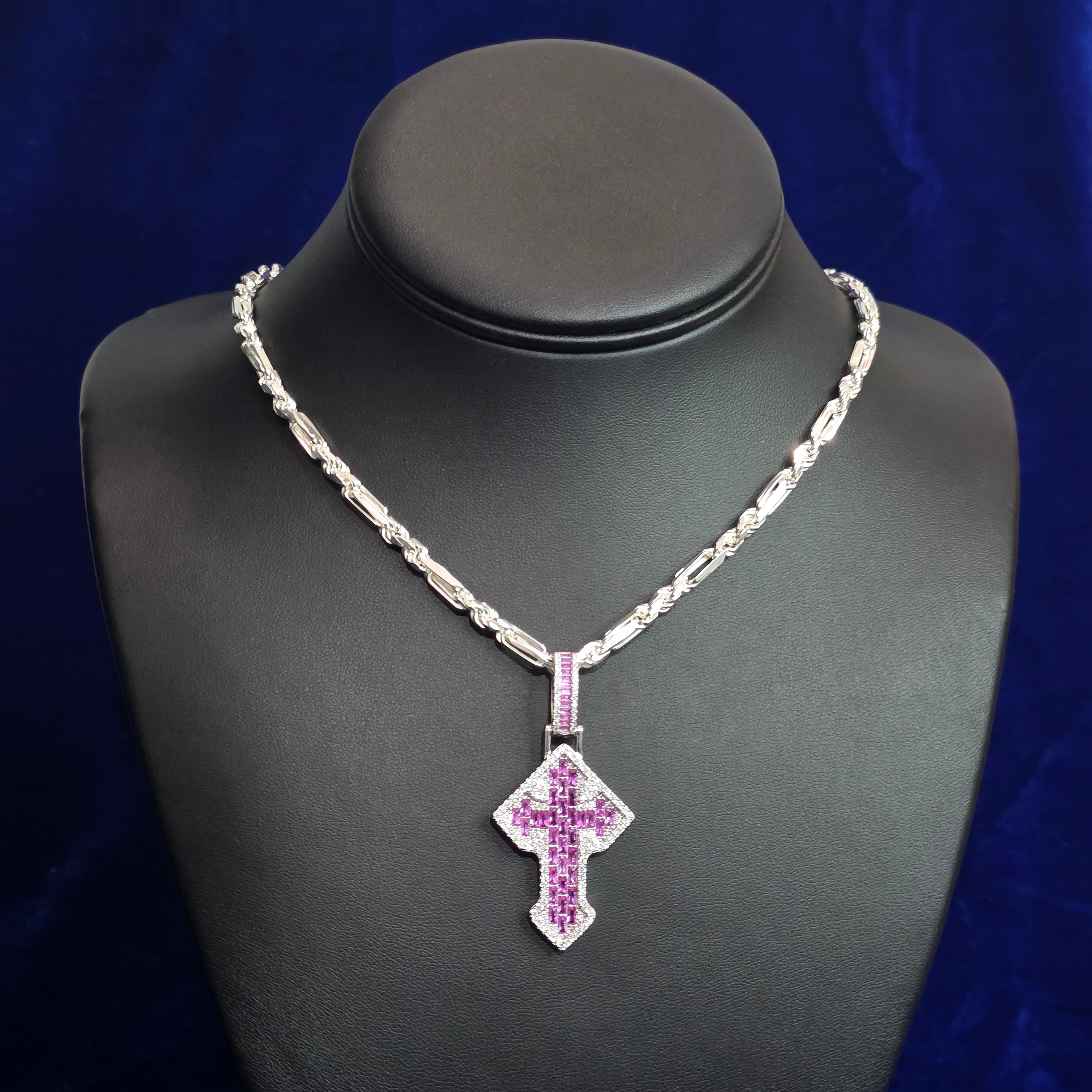 Silver Moissanite Multi Colored Cross Pendant with Chain Combo