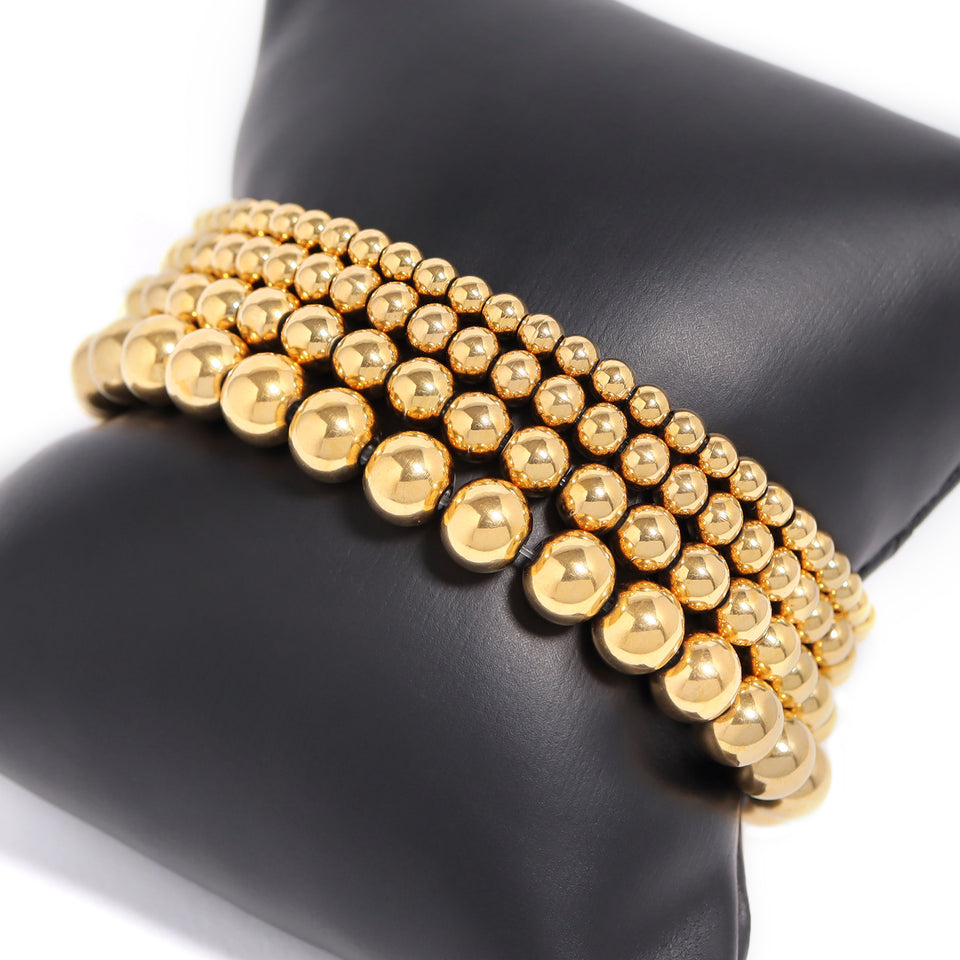 18K Gold PVD Coated Stainless Steel Metal Beaded Stretch Bracelet