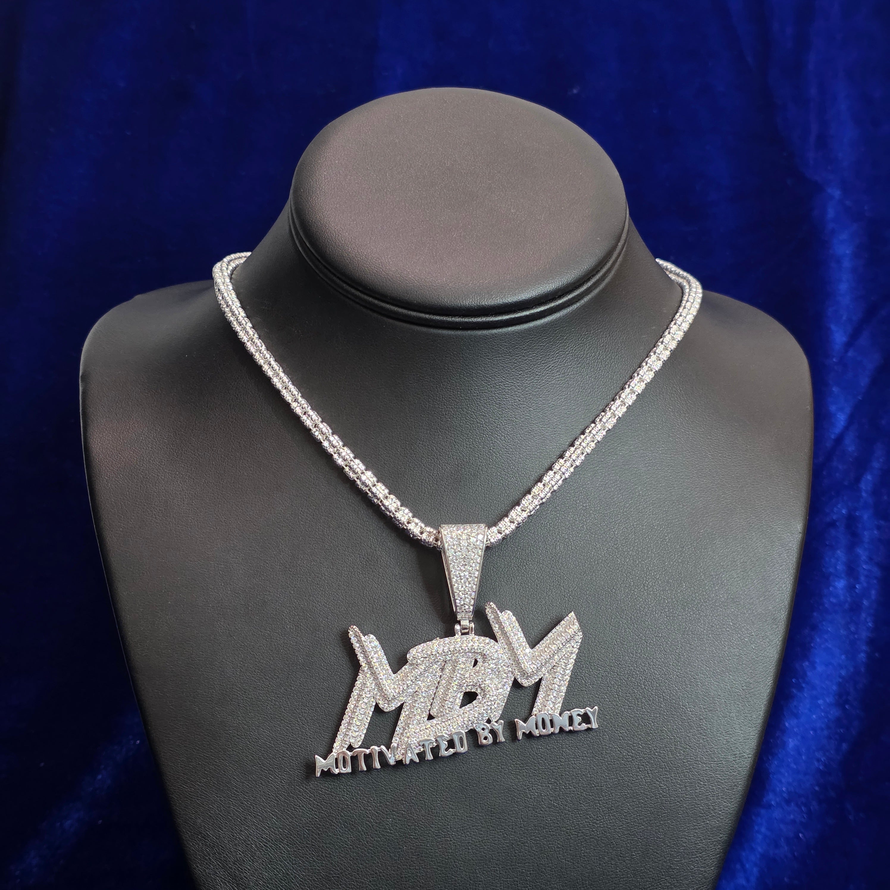 Silver Moissanite MBM (motivated by money) Pendant with Chain Combo