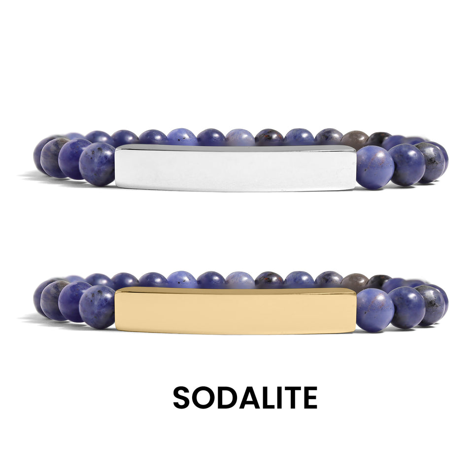 18K Gold PVD Stainless Steel Semi Precious Natural Stone Stretch Curved Bar Bracelet. (Engraved)
