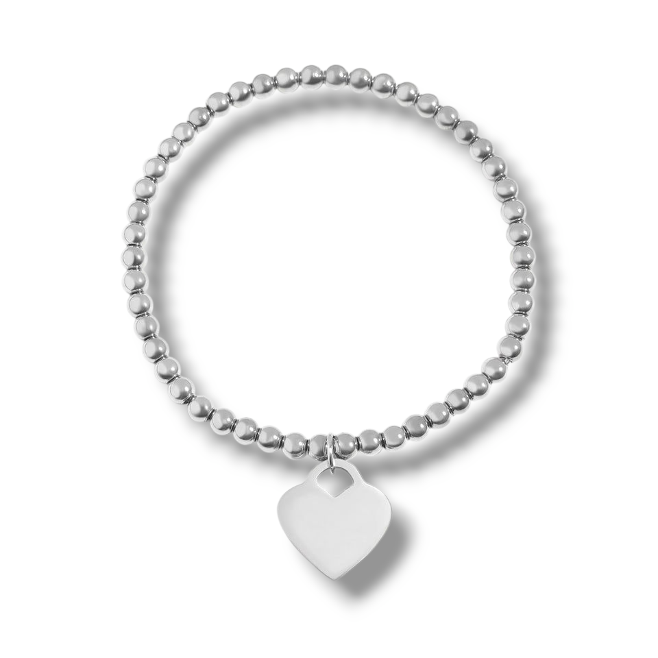 18K Gold PVD Stainless Steel Beaded Heart Stretch Bracelet. (Engraved)