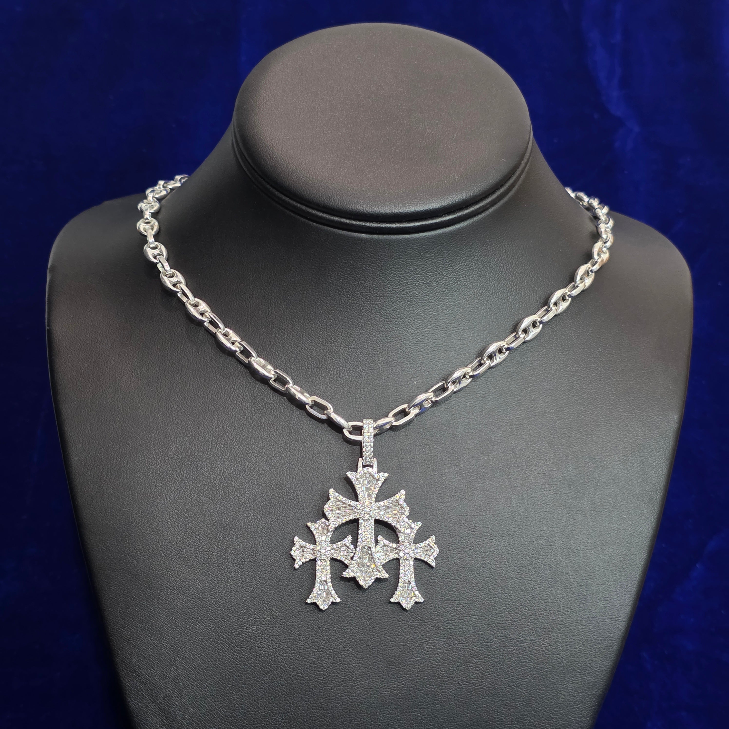 Silver Moissanite Three Cross Pendant with Chain Combo