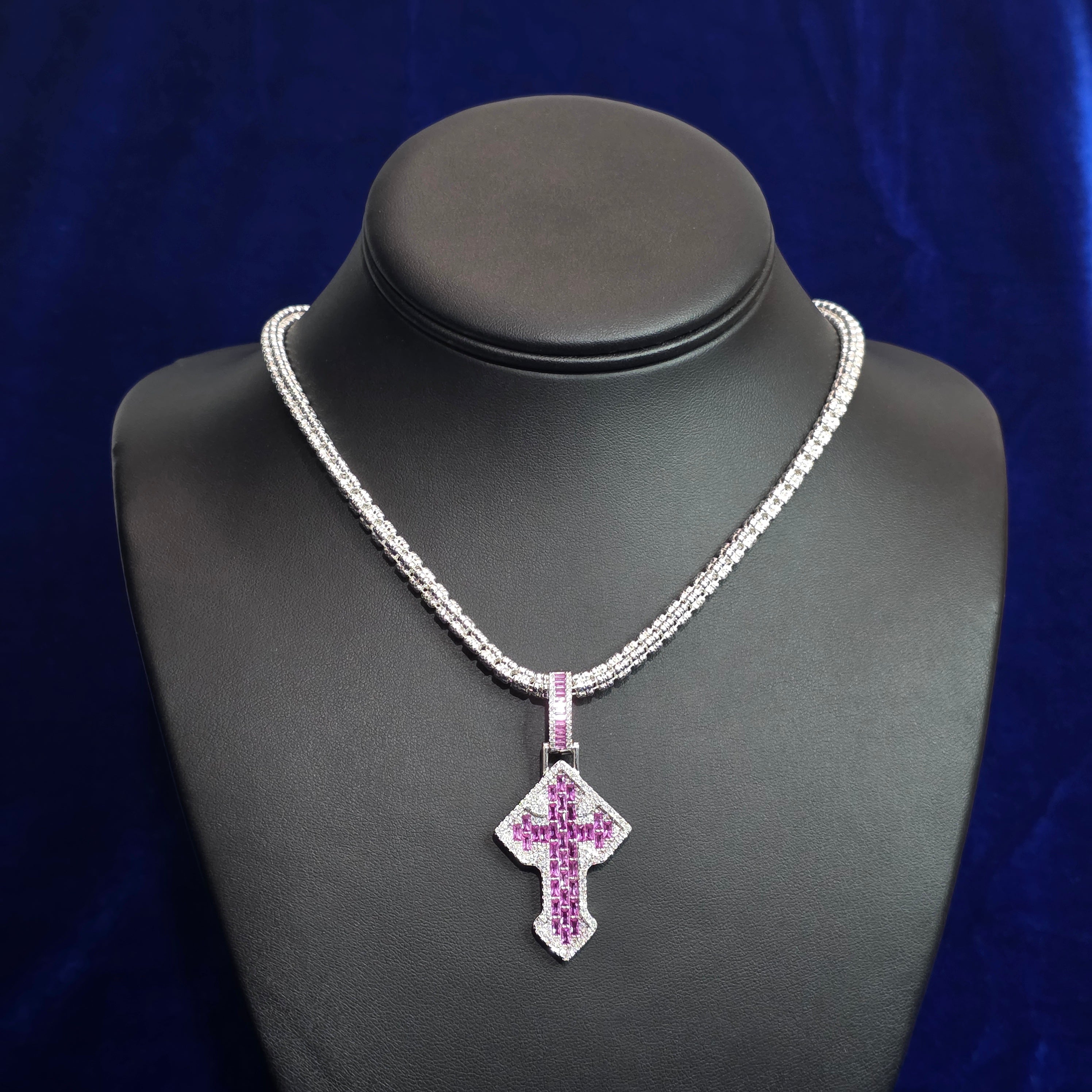 Silver Moissanite Multi Colored Cross Pendant with Chain Combo