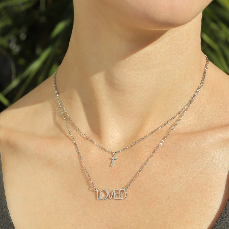 18K Gold PVD Stainless Steel "Loved" Layered Cross Charm Necklace