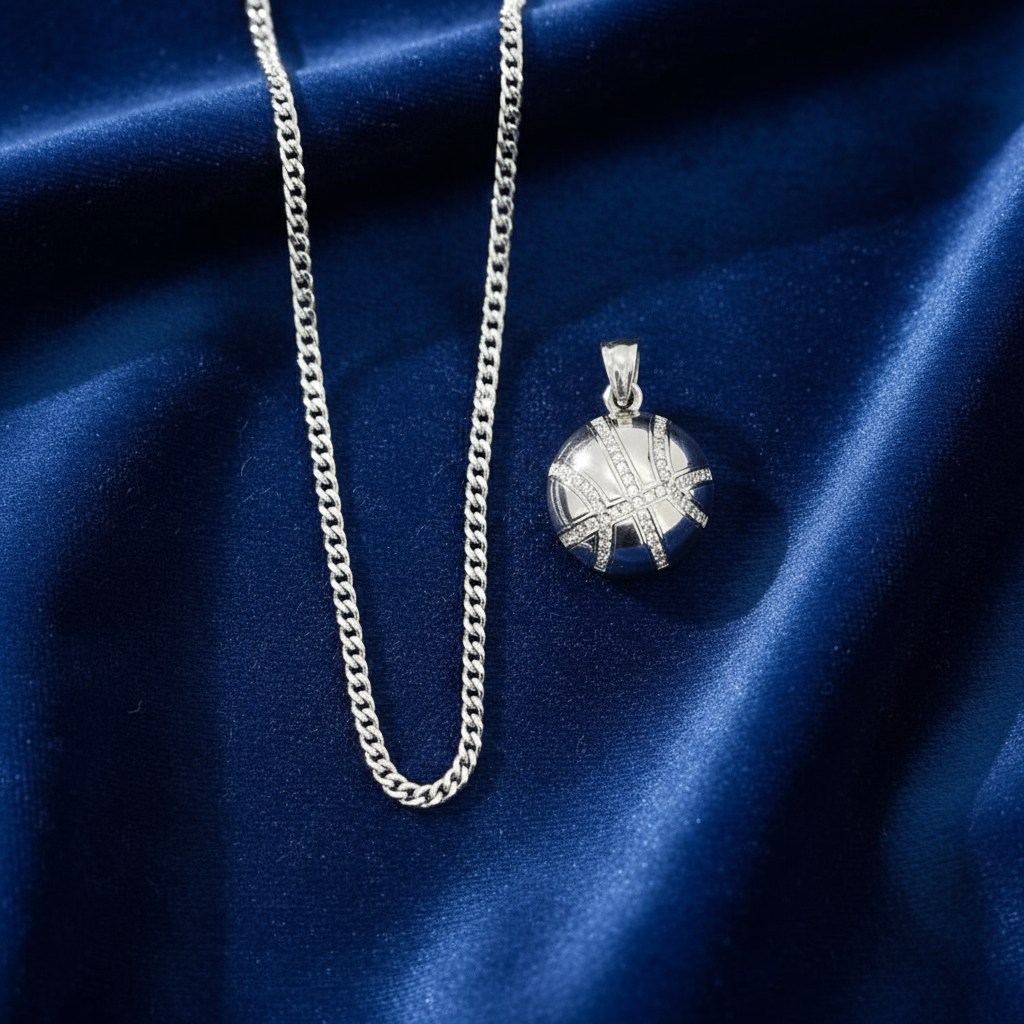 Stainless Steel Basketball Charm and Chain Combo 24" at Flawless Jewelry