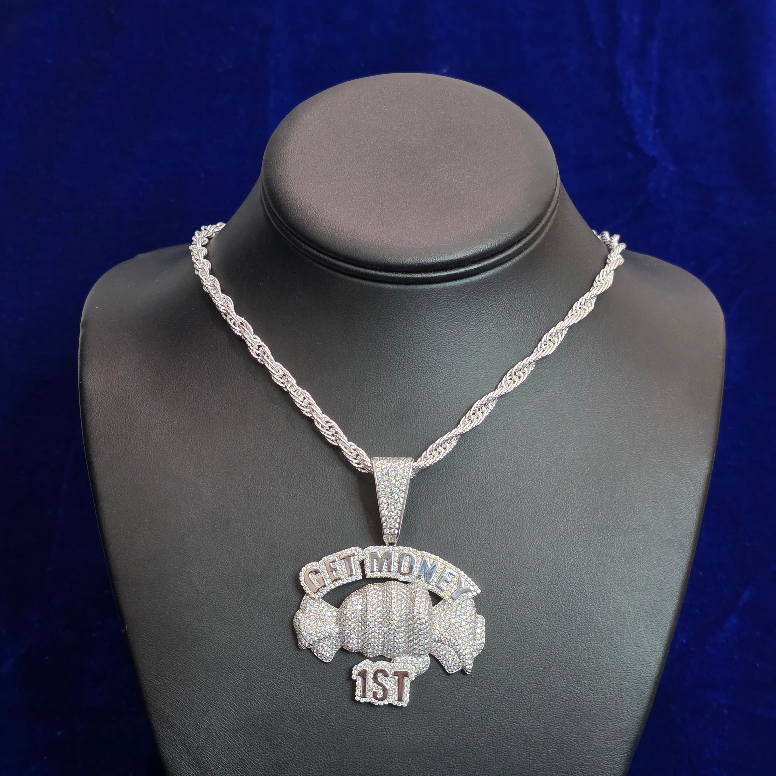 Silver Moissanite Get money 1st Pendant with Chain Combo