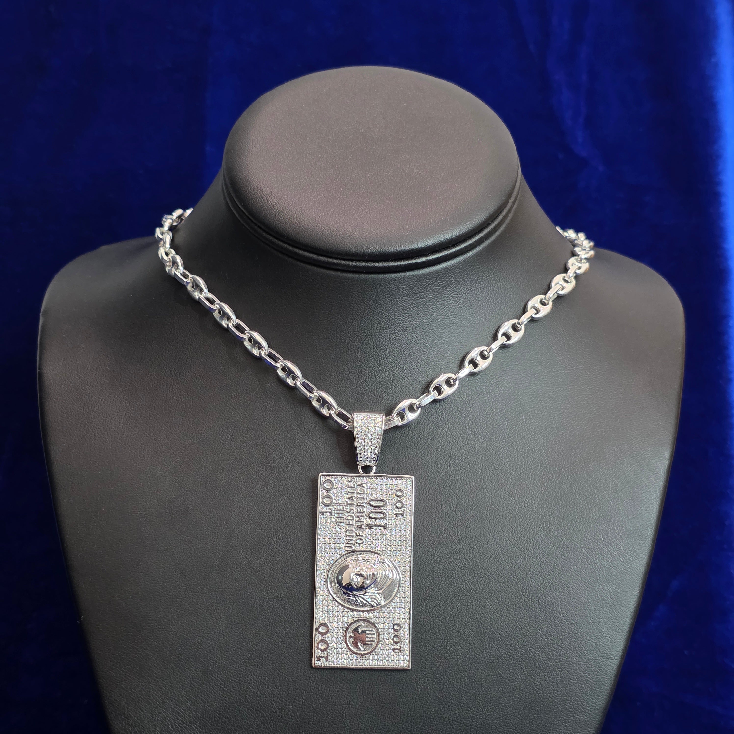 Silver Moissanite "Cash" Pendant with Chain Combo
