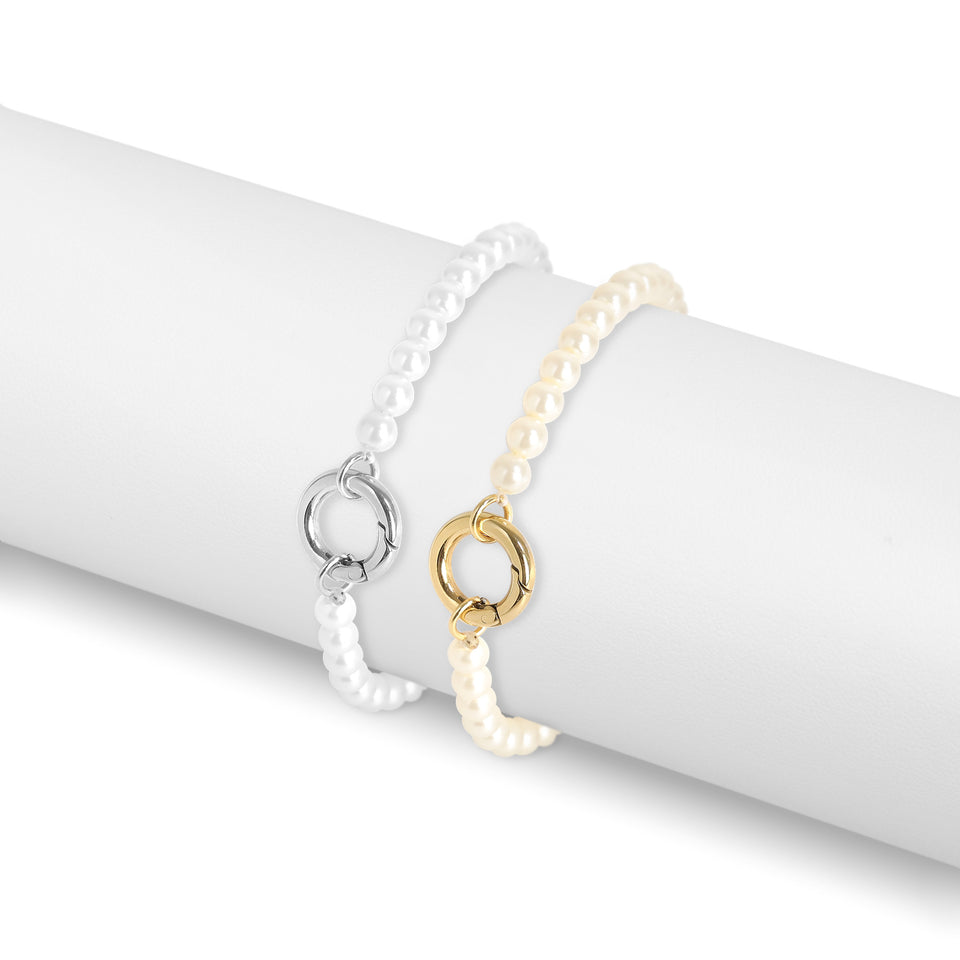 18K Gold PVD Stainless Steel Glass Pearl Charm Keeper Bracelet
