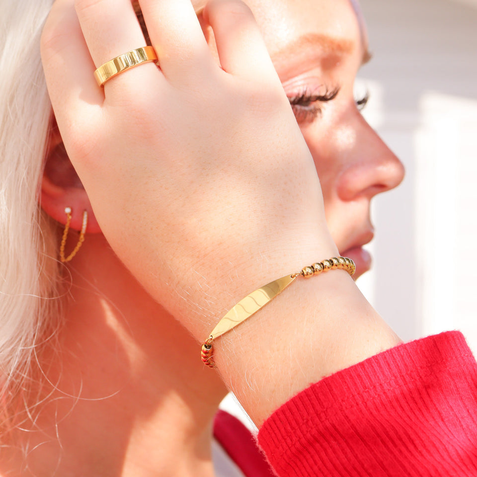 18K Gold PVD Stainless Steel Adjustable Beaded Curved Blank Bar Bracelet