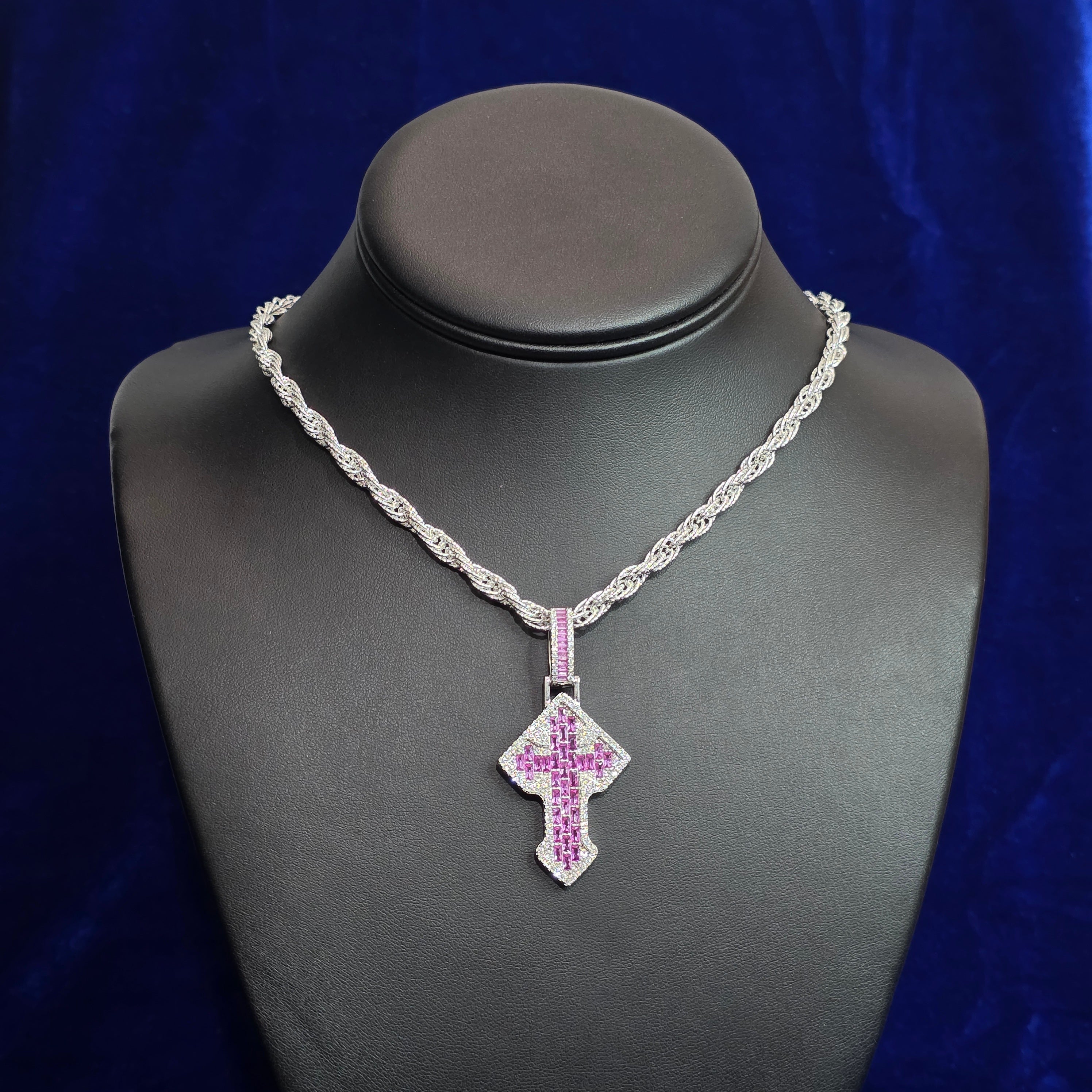 Silver Moissanite Multi Colored Cross Pendant with Chain Combo