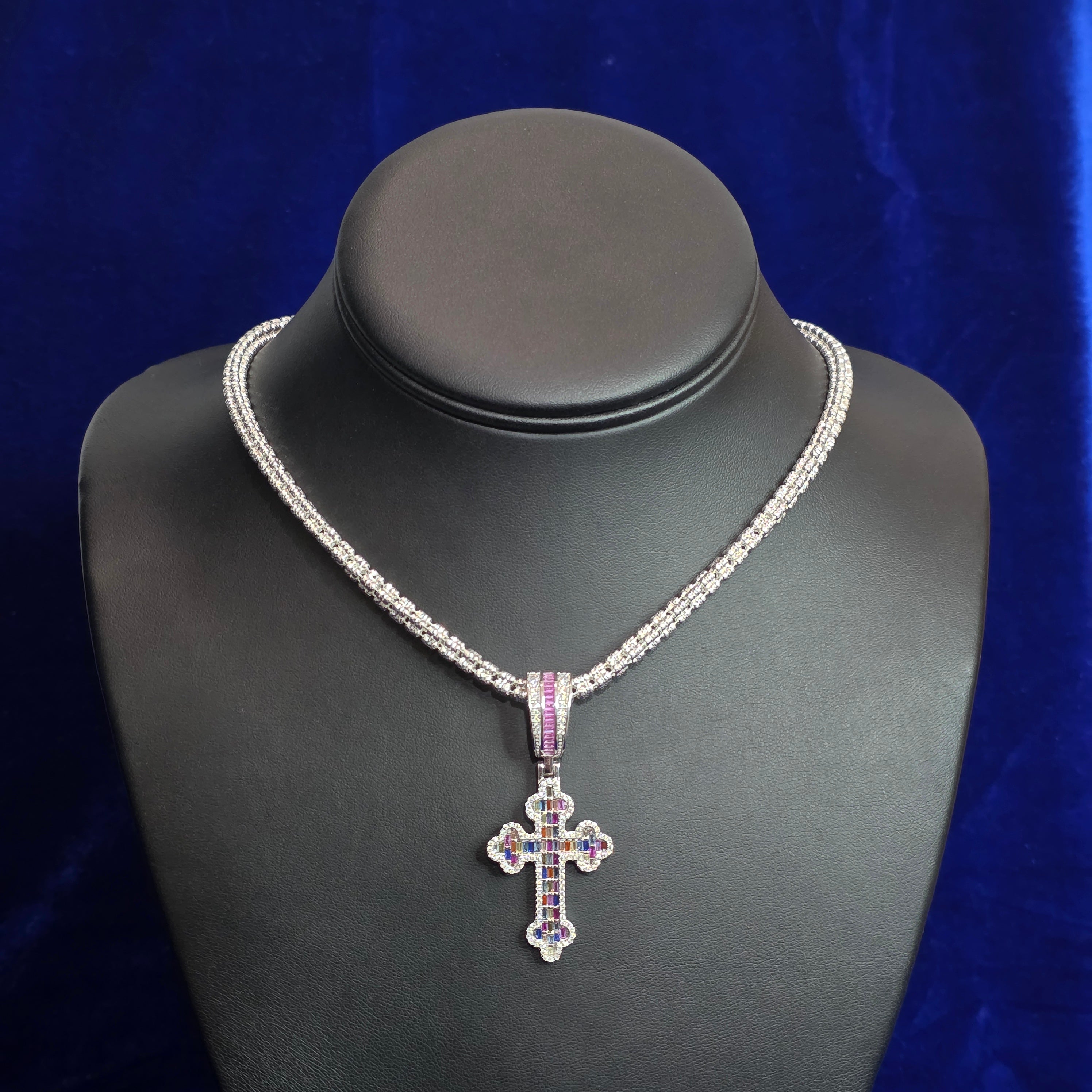 Silver Moissanite Multi Colored Cross Pendant with Chain Combo
