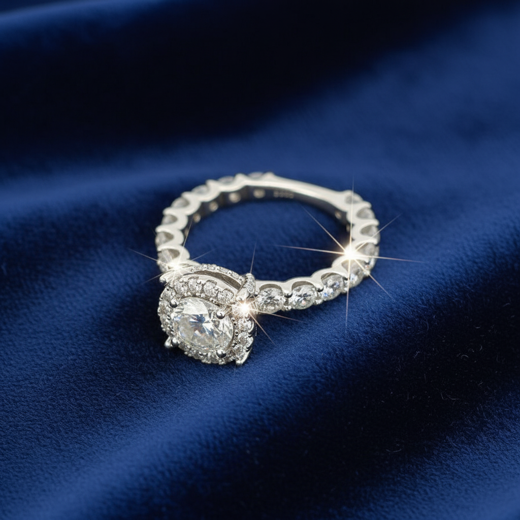 925 Silver Moissanite Round Halo Accented Ring at Flawless Jewelry