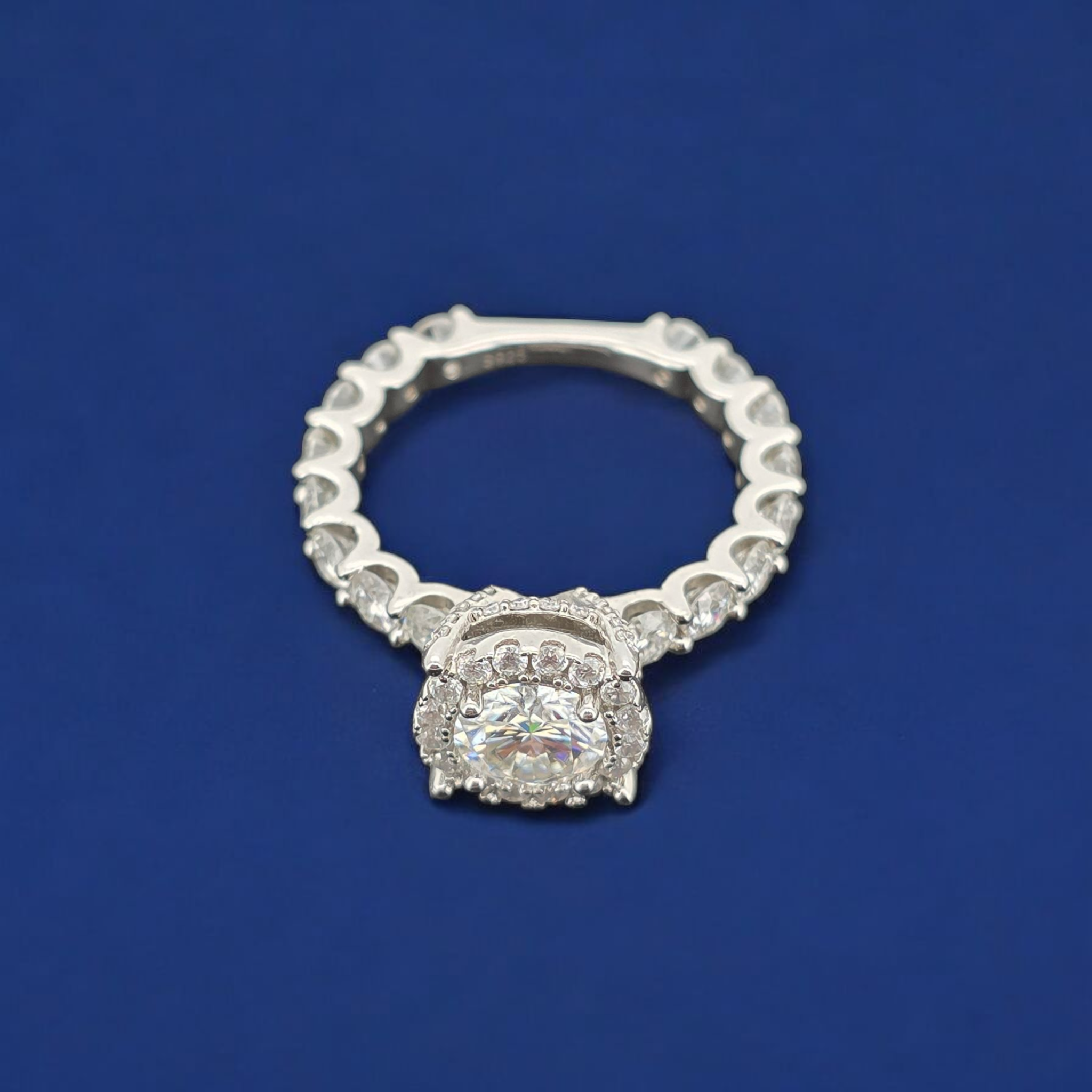 925 Silver Moissanite Round Halo Accented Ring